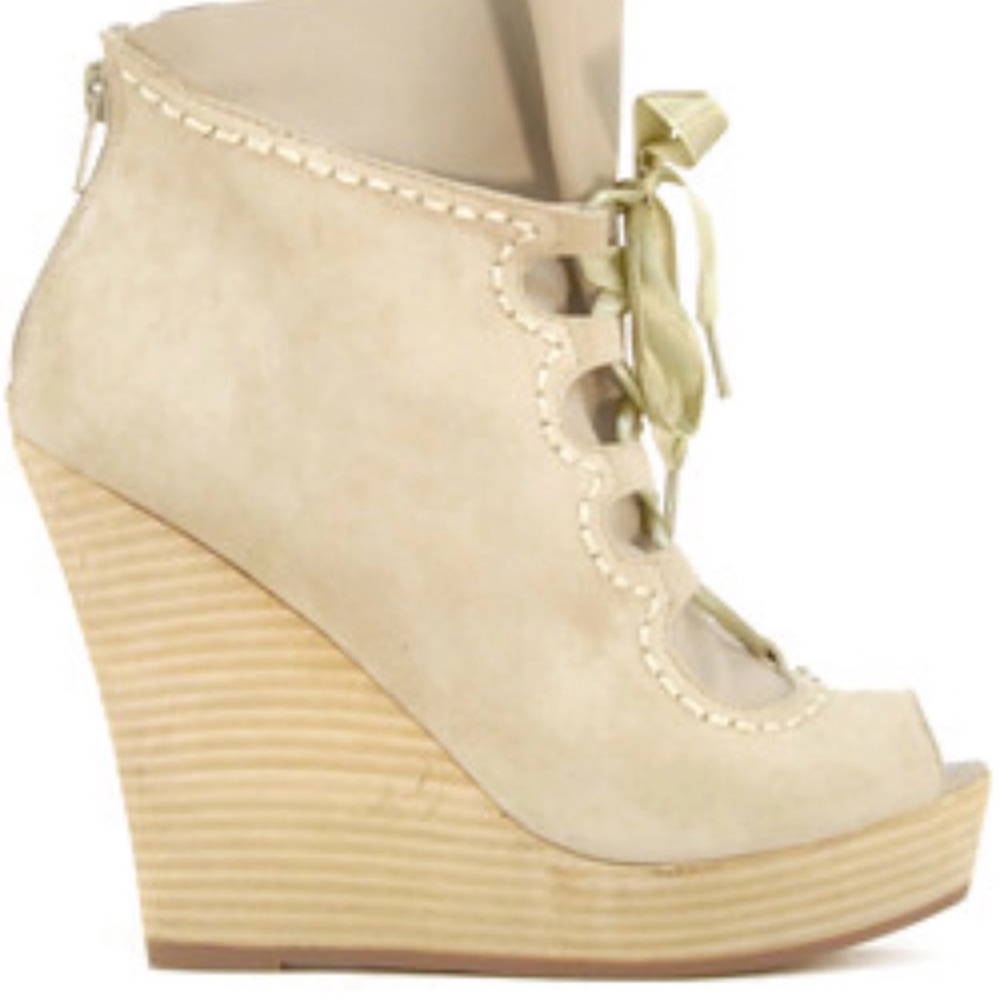 Women’s Lace-Up Peep-Toe Wedge Sandal in Nude